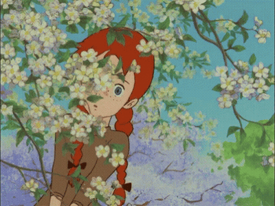 Red-Haired Cartoon Girl Under Flowering Tree GIF