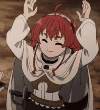 Red-Haired Girl Holding Sword And Raising Arms GIF