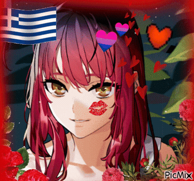 Red-Haired Girl Kiss On Face Greek Flag GIF