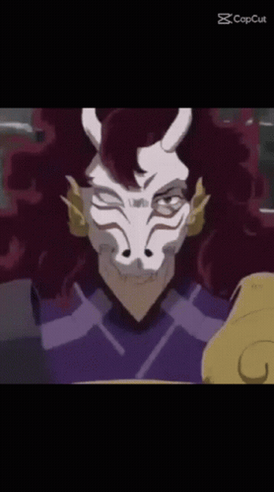 Red-Haired Horned Character In Purple Shirt And White Mask GIF