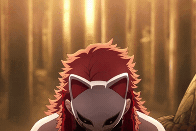 Red-Haired Person In White Fox Mask GIF