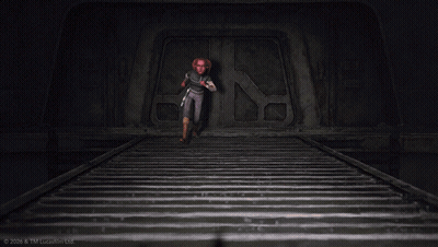 Red-Haired Person On Stairs With TM Lucasfilm Watermark GIF