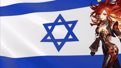 Red-Haired Woman In Front Of Blue Star Flag GIF