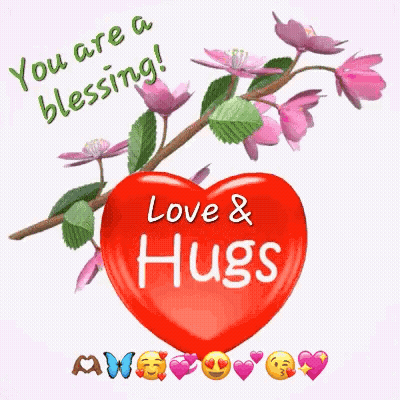 Red Heart Saying You Are A Blessing Love & Hugs Surrounded By Pink Flowers GIF