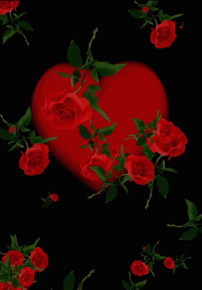 Red Heart Surrounded By Roses And Leaves GIF