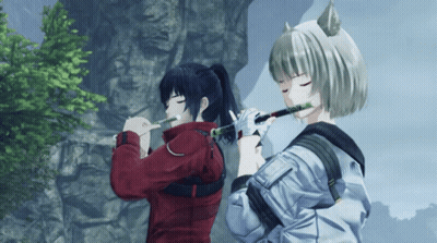 Red Jacket Girl Playing Flute Beside White Jacket Girl GIF