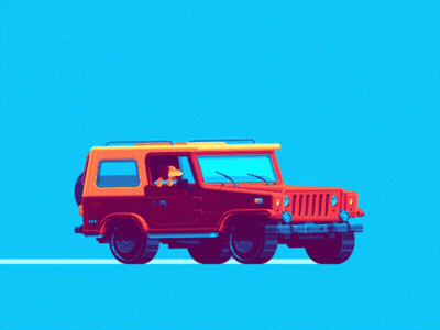 Red Jeep With Yellow Top On Blue Road GIF