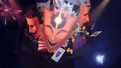 Red Mask Surrounded By Playing Cards And Coins GIF