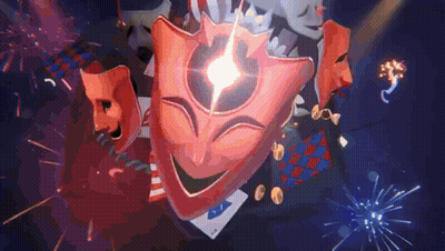 Red Mask With Crown Surrounded By Fireworks And Playing Cards GIF