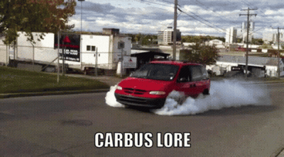 Red Minivan Driving With Smoke And Carbus Lore GIF