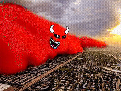 Red Monster Rising From Clouds Over City GIF