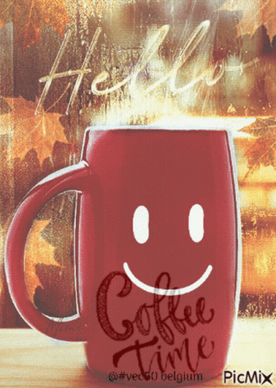 Red Mug Saying Coffee Time With Smiling Face GIF
