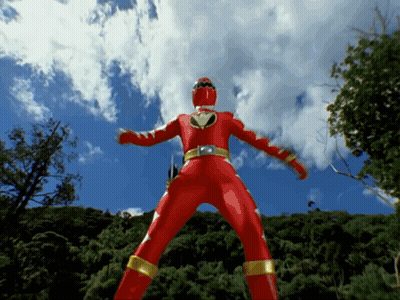 Red Power Ranger In Front Of Blue Sky And Trees GIF