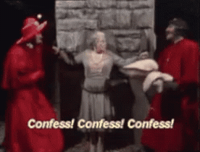 Red Robe Man Says Confess Gray Dress Woman GIF