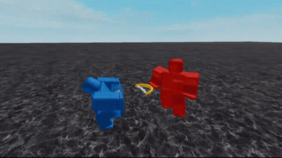 Red Roblox Character Standing Beside Blue Roblox Character Laying GIF