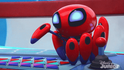 Red Robot Sitting On Disney Junior Display GIF