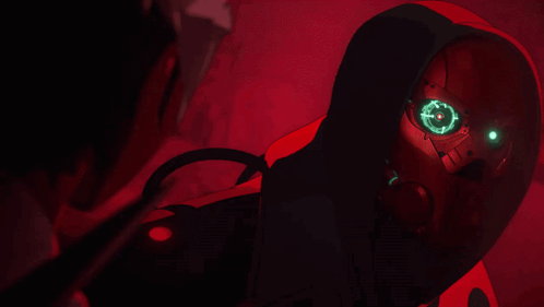 Red Robot With Green Eyes And Hood GIF
