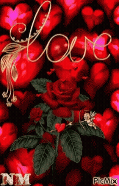 Red Rose Surrounded By Hearts Saying Love GIF