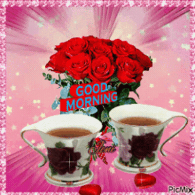 Red Roses And Coffee Cups Good Morning GIF