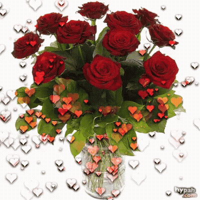 Red Roses Bouquet In Vase With Hearts GIF