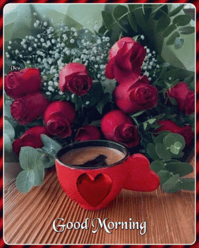 Red Roses Bouquet Next To Coffee With Heart GIF