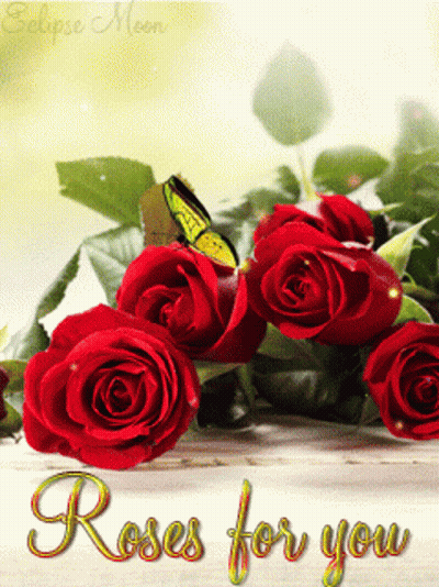 Red Roses Bouquet With Yellow Butterfly Saying Roses For You GIF