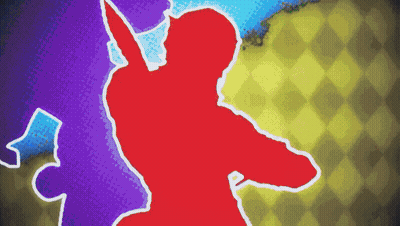 Red Silhouette Man Holding Sword On Purple And Yellow Background GIF