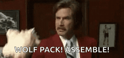 Red Suit Man With Stuffed Animal Says Wolf Pack Assemble GIF