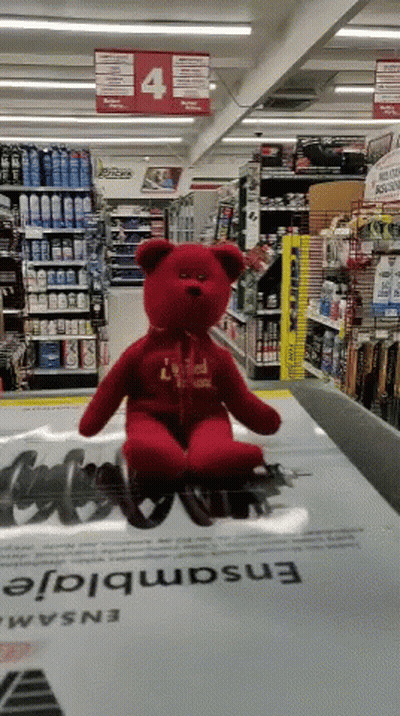 Red Teddy Bear Sitting In Store GIF