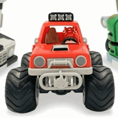 Red Toy Truck With Flame Beside Green Truck GIF