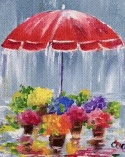 Red Umbrella Surrounded By Potted Flowers In Rain GIF
