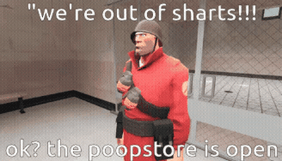 Red Uniform Man: We're Out Of Shorts Poopstore Open GIF