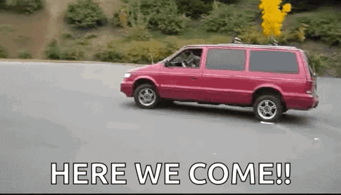 Red Van Driving With Here We Come GIF