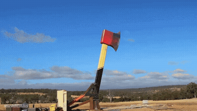 Red Yellow Axe Thrown By Crane Not Building GIF