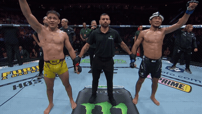 Referee Between Two Fighters In Cage With Monster Energy Drink GIF