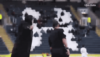Referee In Front Of Giant Smoke Bomb On Field GIF