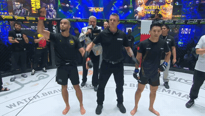 Referee Raising Fighter's Hand In Cage With Braz Banner GIF