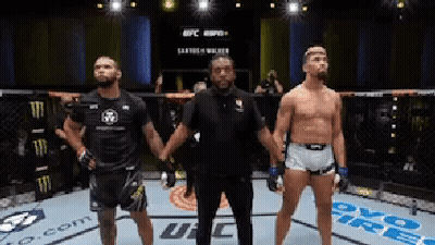 Referee Standing Between Two Fighters In Boxing Ring GIF