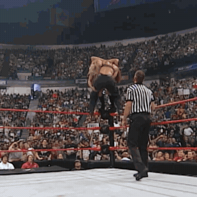 Referee Watching Wrestler Jump Over Another In Ring GIF