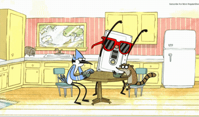 Regular Show Two Birds And A Raccoon Sitting At Table GIF
