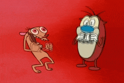 Ren And Rennie Laughing On Red Background GIF