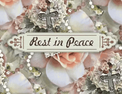 Rest In Peace Sign Surrounded By Flowers And Crosses GIF