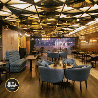 Restaurant With Tables And Chairs And Hexa Dine Logo GIF