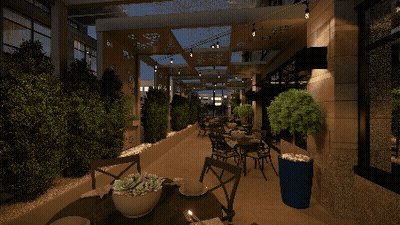 Restaurant With Tables Chairs And Blue Potted Plant GIF