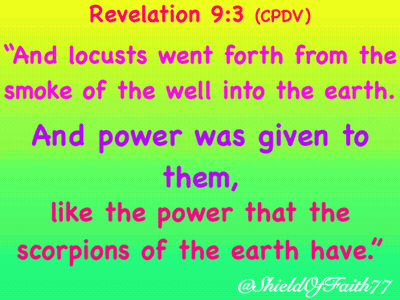Revelation 9 : 3 Is Written On A Green Background GIF