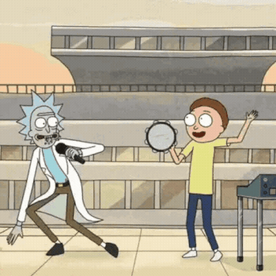 Rick And Morty Are Playing Instruments In A Cartoon While Rick Is Singing Into A Microphone . GIF