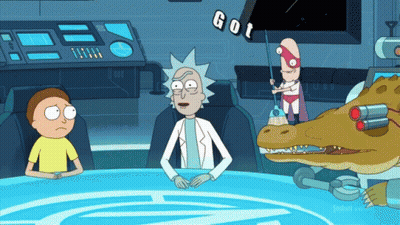 Rick And Morty Are Sitting At A Table With A Cartoon Character Holding A Mop That Says " Gol " GIF