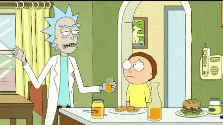 Rick And Morty Are Sitting At A Table With A Jar Of Honey And A Pitcher Of Orange Juice GIF