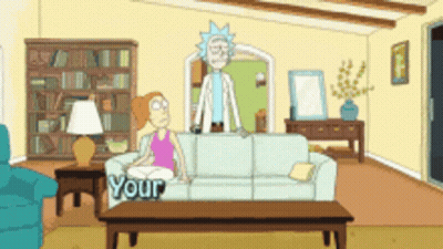 Rick And Morty Are Sitting On A Couch In A Living Room With A Sign That Says Your GIF