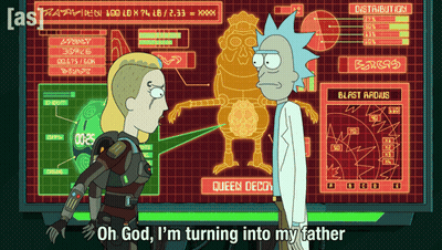 Rick And Morty Are Standing In Front Of A Screen That Says Queen Decoy GIF